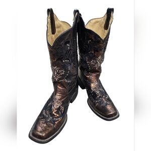Corral Cowboy Boots Mens‎ 8M Brown Bronze Distressed Embroidered Studded Western